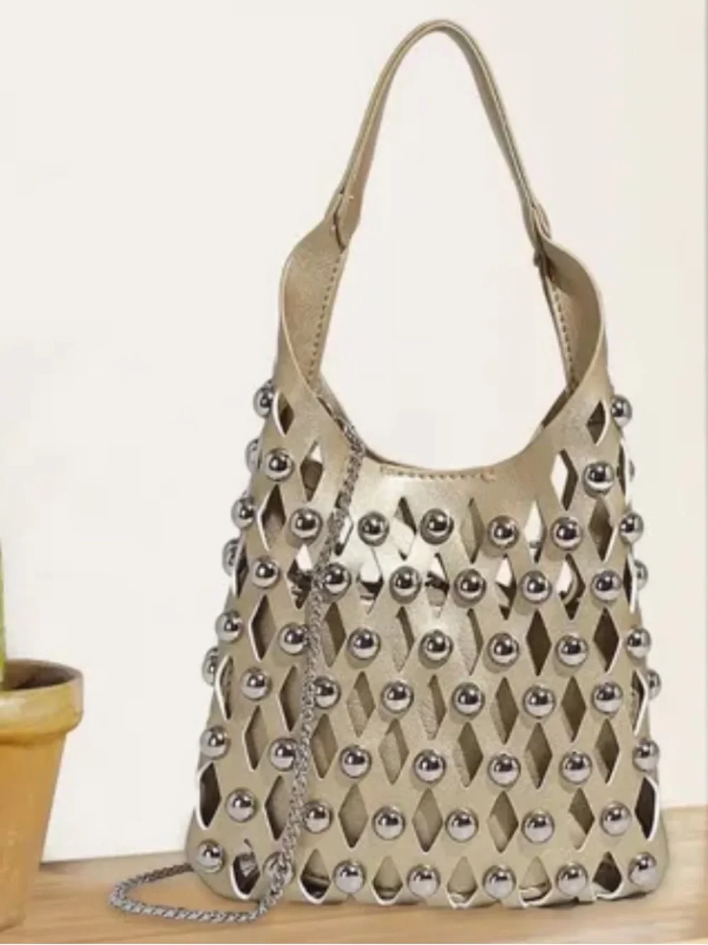 BC Bags Faux Leather Lattice Studded Metallic Taupe Shoulder Bag with Pouch - Picture 2 of 2